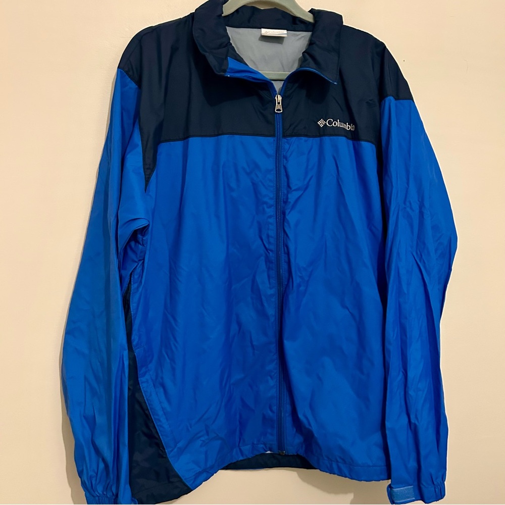 Columbia Men’s Blue Colorblock Packable Rain Jacket Zip Front Hoodie xL X-large